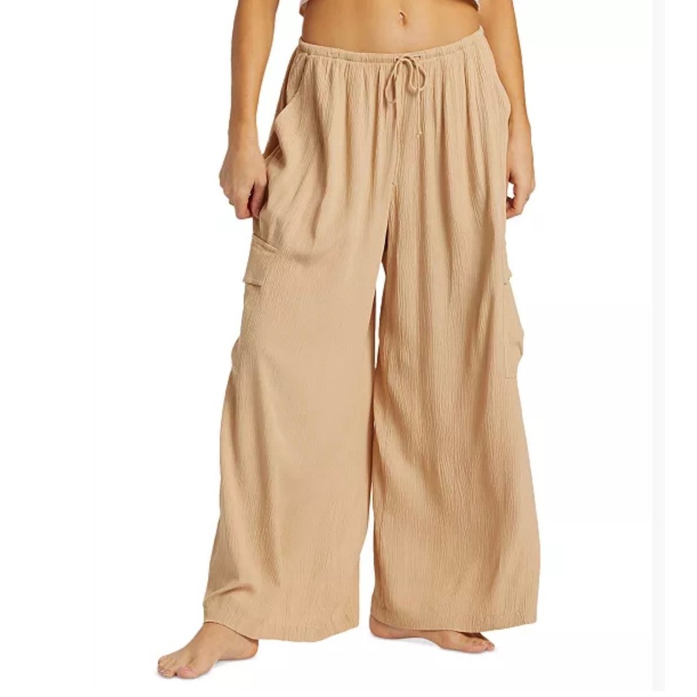 Billabong Cargo Pants S Tan Beige Wide Leg Textured Crinkle‎ Elastic Waist